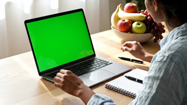Person typing on laptop with green screen display in bright home office