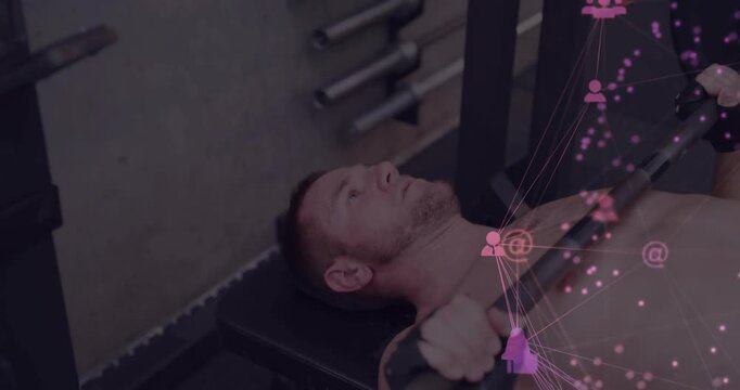 Man lying bench moving grip, lowering and pushing bar for fitness pink overlay drifting right chest