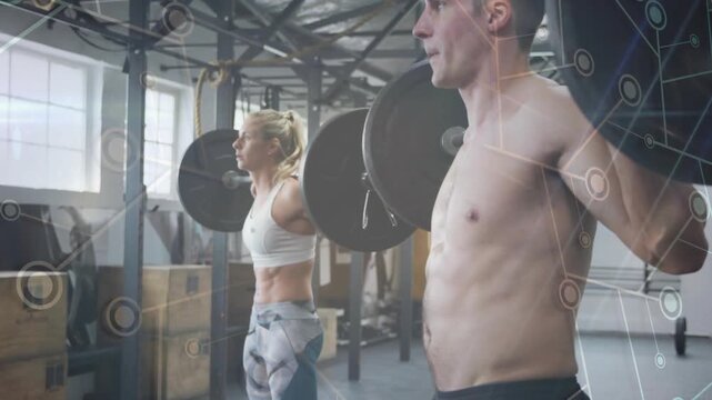 Two lifters starting on rig, squatting with barbell for fitness with network overlay guiding form