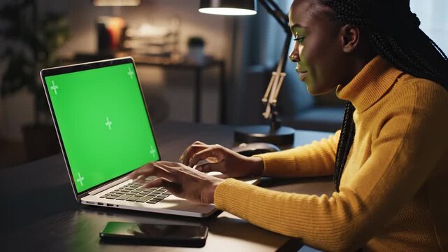 Person typing on laptop with green screen for chroma key compositing