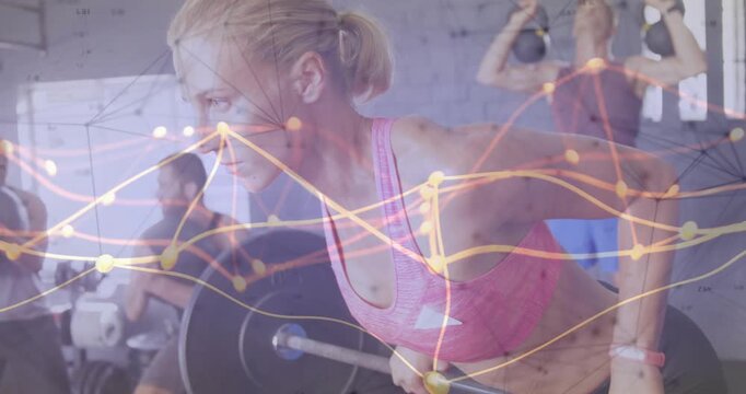 Woman in pink top gripping barbell, doing bent-over row for strength in gym, overlay tracing motion