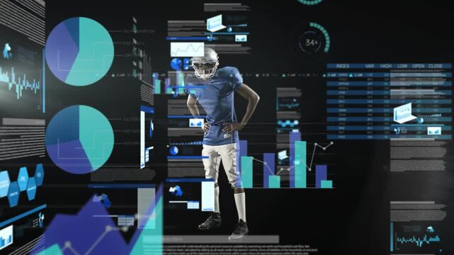 Football player shifting stance as HUD panels appear, passing across him, showing sports analytics