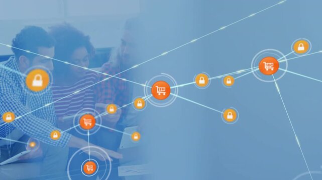 Team pointing pages, activating ecommerce cart-lock network growing over glass table for security