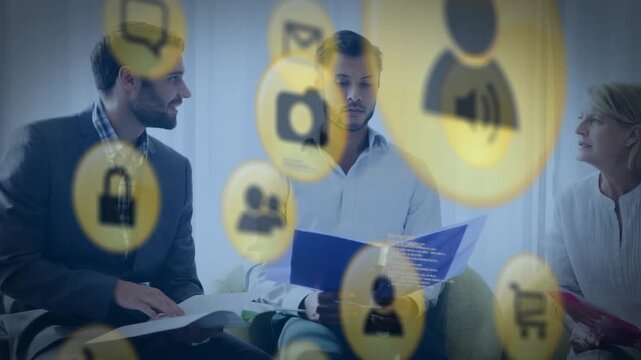 Vertical video: Team of three reviewing business folders, yellow icons appearing and covering faces
