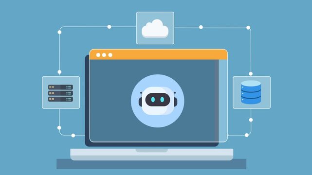 Animated flat illustration of a laptop displaying cloud automation dashboard with bot system, server, and database infrastructure interface on a minimal background.