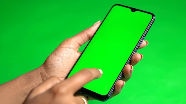 Person holds smartphone displaying chroma key green screen for insertion