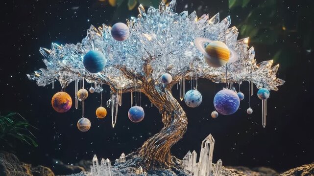 Crystal tree sculpture displays planets in cosmic arrangement against black background