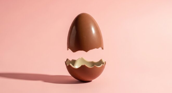 Easter sunday chocolate egg broken open on pink background symbolizing new life and holiday traditions