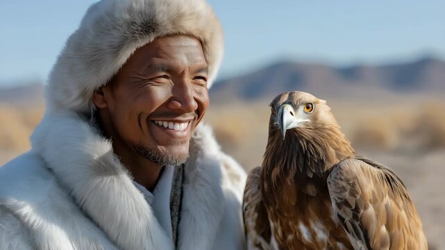 Asian mature male falconer in fur attire with golden eagle in desert landscape