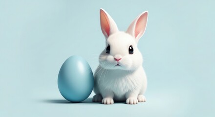 Fototapeta premium Easter sunday celebration with adorable white bunny and blue easter egg