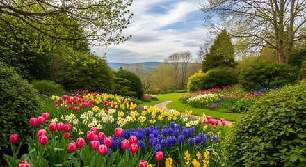 Obraz premium Vibrant garden landscape featuring colorful flowers under a cloudy sky in daylight