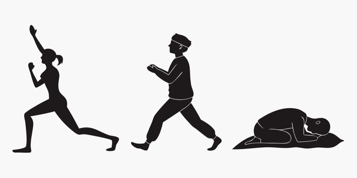 Silhouettes of people engaging in various activities and a sleeping figure