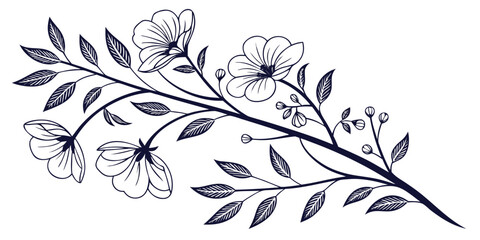 Delicate floral branch with white blossoms and green leaves © Mamun