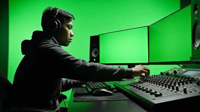Person using dual monitor computer setup in studio with green screen