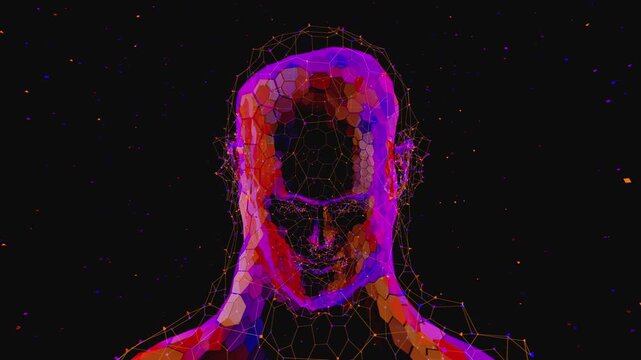 Hypnotic thinking process visualization featuring crystalline data structures and light within a cyber head