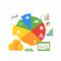 Fototapeta premium Financial Investment Portfolio Diversification Pie Chart with Gold Coins and Market Analysis Graphs for Business Reports
