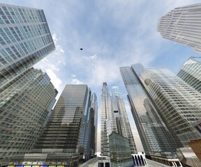 Skyscrapers, high-rise buildings from below against the background of the sky, cityscape, panorama of skyscrapers, 3D rendering © ustas