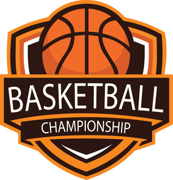 This bold emblem features a stylized basketball set inside a shield with a ribbon banner displaying "BASKETBALL" and a secondary banner reading "CHAMPIONSHIP." The warm orange and dark brown color pal