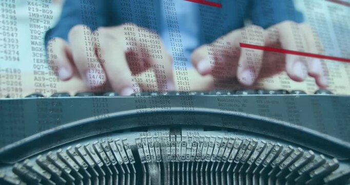 Male typist typing on typewriter, sparking digits spreading over hands and red lines for data entry