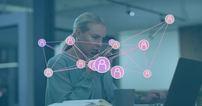 Network overlay appearing, woman leaning at laptop shifting gaze and typing reshaping tech insights