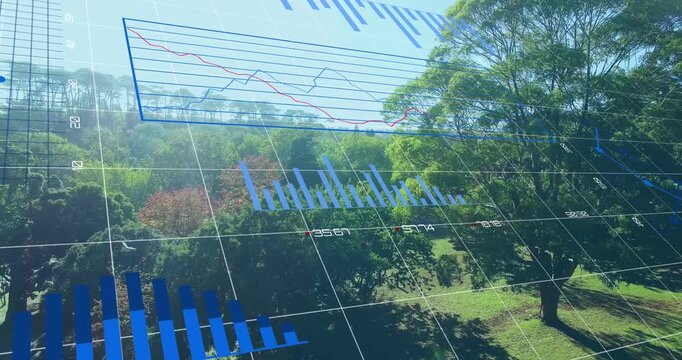 Camera panning above park 3D data overlay shifting revealing line bar pie charts for urban planning