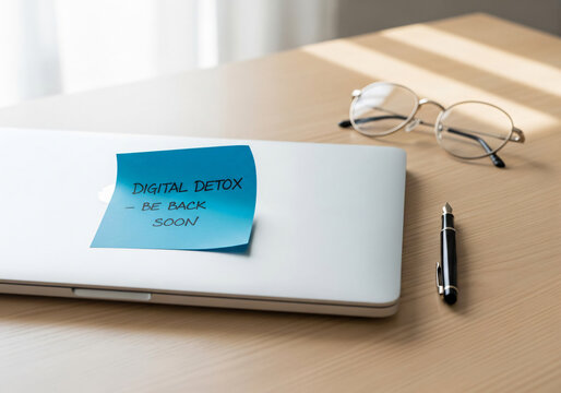 Closed laptop with blue sticky note saying digital detox be back soon
