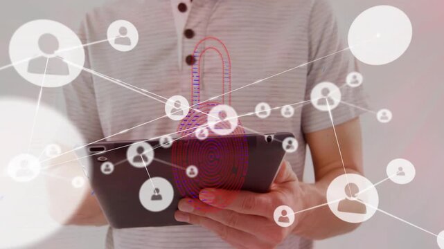 Holding tablet, henley man in room watching user icons expanding, fingerprint lock securing data