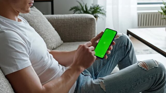Person using mobile phone with green screen for app development
