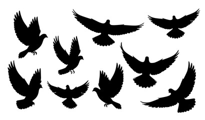 Obraz premium Dove of peace hand drawn silhouette vector set flying birds black ink style collection isolated on white