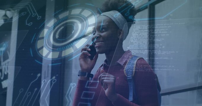 Receiving call woman standing outside talking on phone coordinating holding strap with HUD