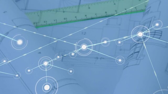 Center pulsing node starting network, nodes forming lines on plans, ruler sliding, mapping links