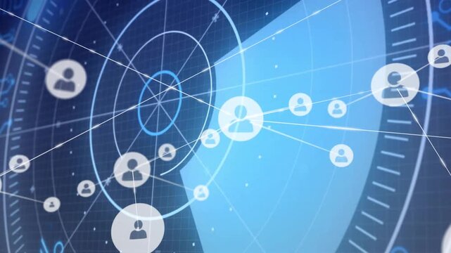 Radar HUD sweeping blue wedge revealing avatar nodes and forming connected web for network mapping