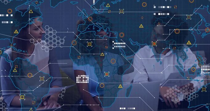 Center person speaking while faint world map fading in overlaying laptop enabling business analysis