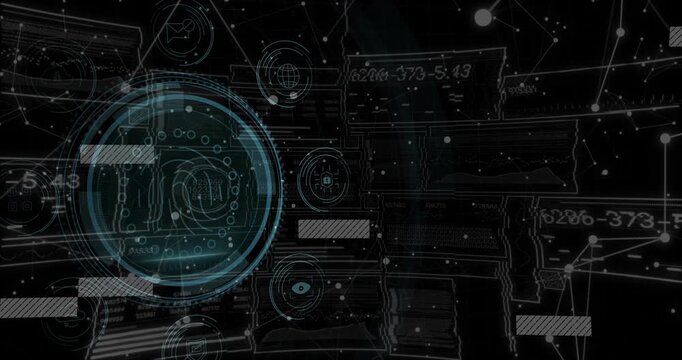 Holographic emblem forming as striped bars sliding in, pulsing fingerprint marking data shield hub