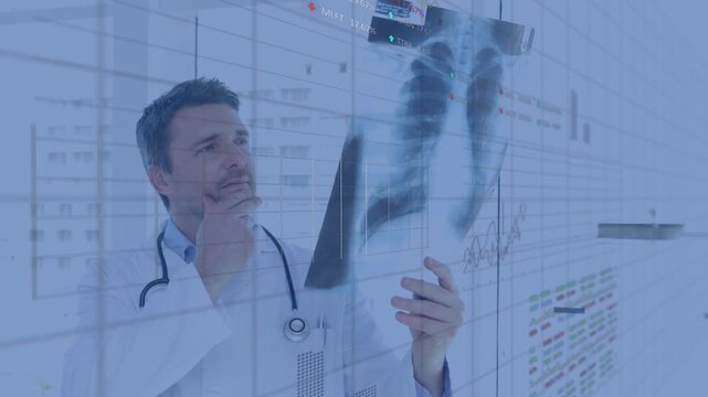 Physician holding chest X-ray, adjusting film and comparing animated overlays for medical diagnosis