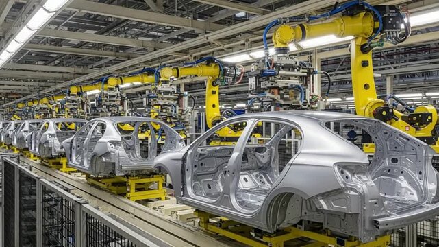Automated car assembly line with yellow robotic arms manufacturing vehicle chassis in a modern industrial factory