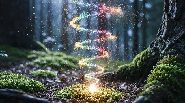 Magical glowing spiral of colorful particles rising from mossy forest floor