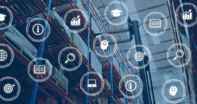 Camera rising up warehouse aisle, racking showing holographic inventory nodes mapping automation