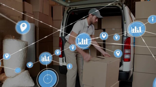 Vertical video: Warehouse staff pushing dolly, loading boxes for delivery while blue nodes rising