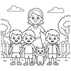 Naklejka premium Cute Cartoon Family with Kids and Cat Line Art Illustration