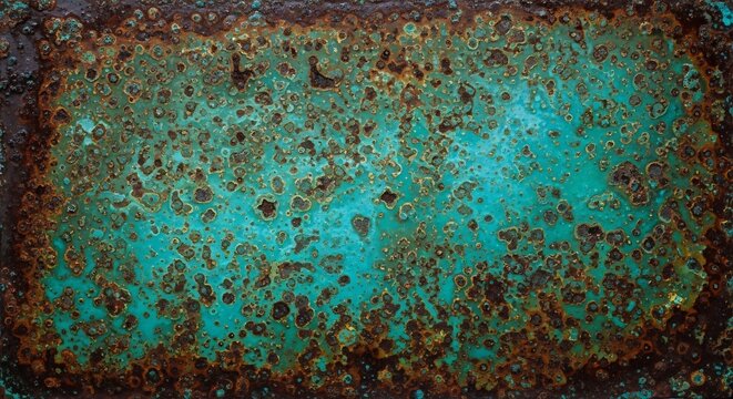 Close-up of Aged Copper Surface with Verdigris Patina and Rust Textures.
