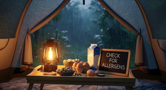 Check for allergens inside a tent with food and lantern during rain