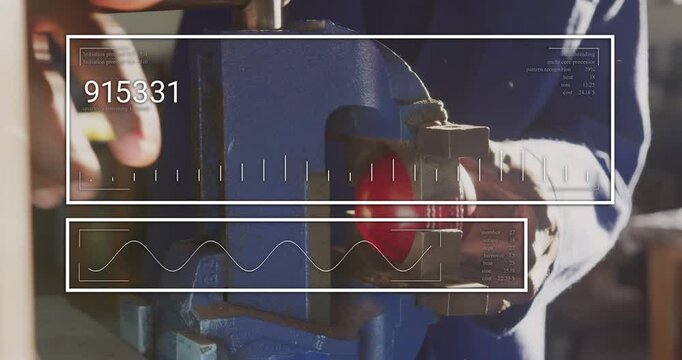 Technician threading wire in red-hot piece in metal vise, reaching and securing while HUD updating