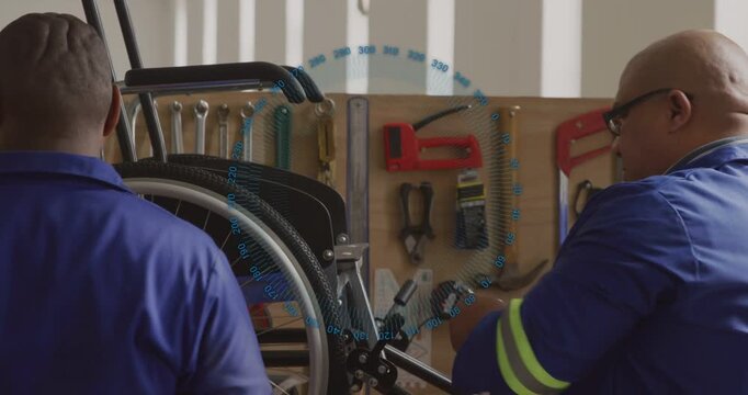 Right repair tech starting drill, both tightening and aligning wheelchair axle bracket for safe use