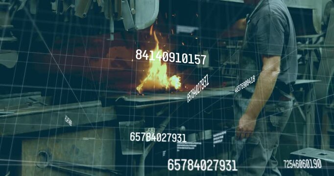 Leaning into furnace, metalworker lifting tray, spreading load and cooling while grid overlays
