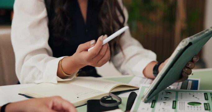 Business, tablet and hands of people with documents for finance review, profit growth and research. Team, meeting and workers on digital tech with statistics, graph and financial report for proposal