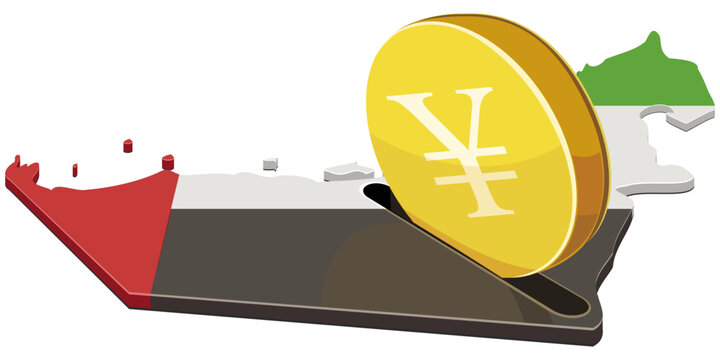 A gold Yen or Yuan coin entering the United Arab Emirates map, representing Asian capital, investment, and economic partnership in the UAE (cut out).