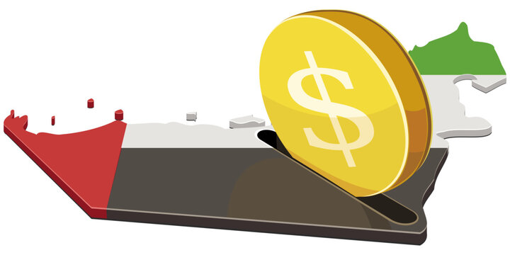 A gold dollar coin entering a coin slot shaped like the United Arab Emirates map with UAE flag colors, representing economy and savings (cut out).