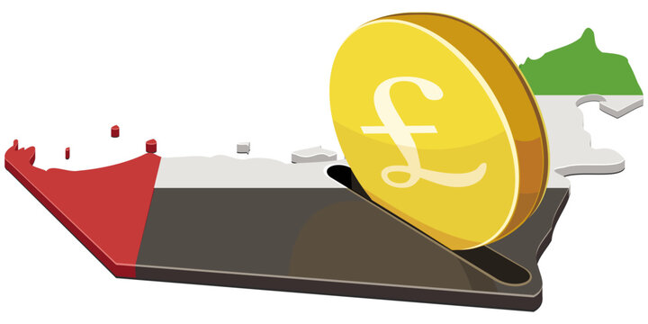 A gold Pound Sterling coin entering a slot in the United Arab Emirates map, representing British capital, trade, and wealth in the UAE (cut out).