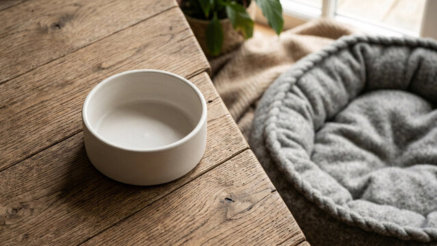 Blank white ceramic pet food bowl mockup next to dog bed
